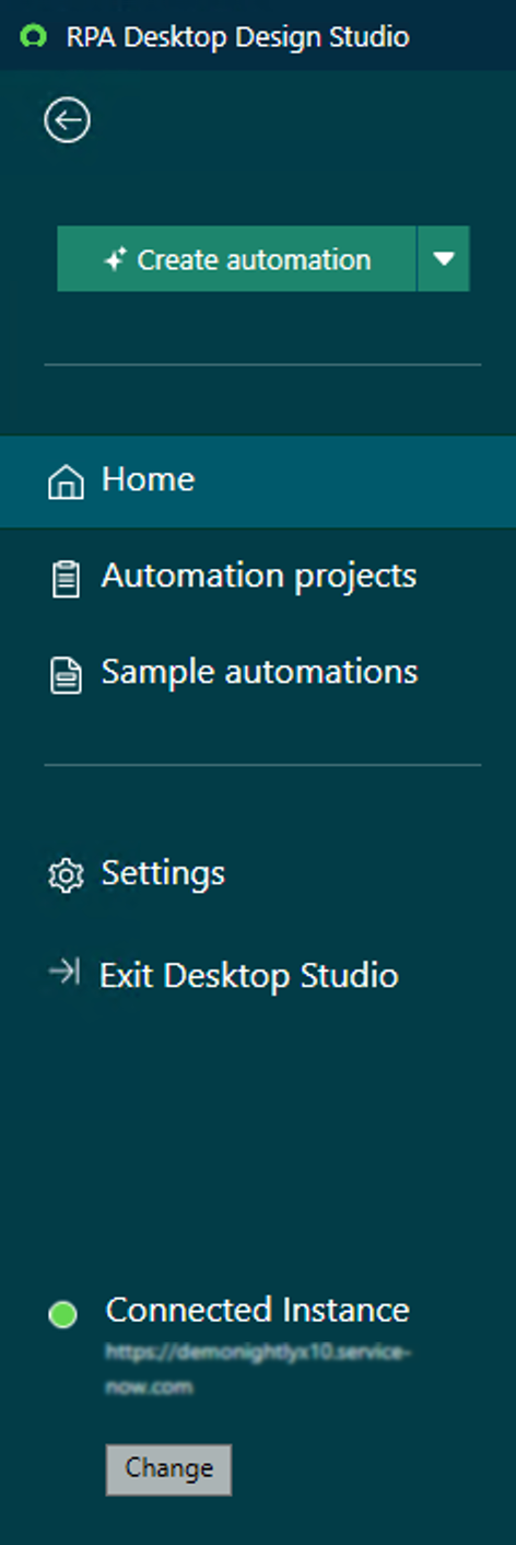 Left navigation bar of the RPA Desktop Design Studio.