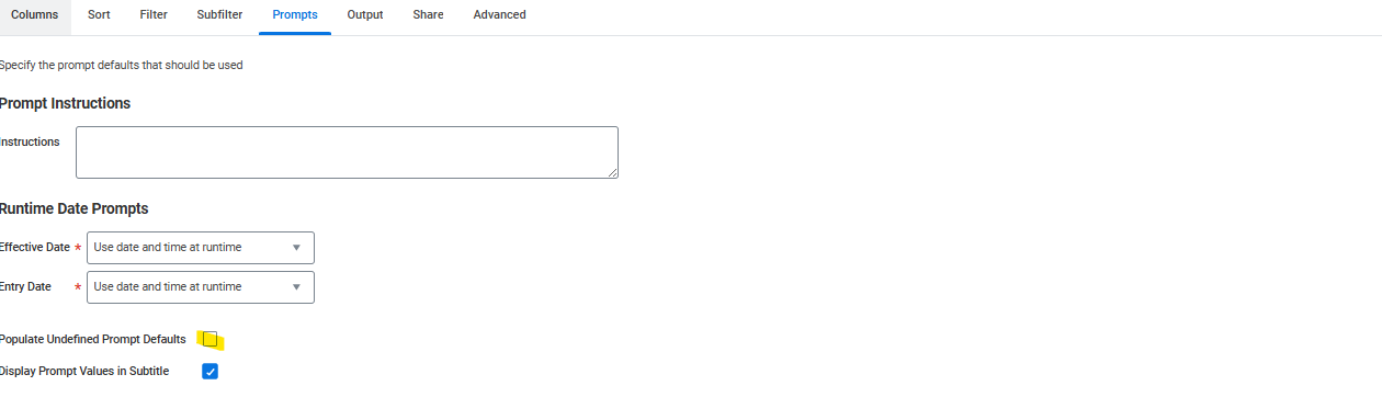 Prompts tab with runtime date prompts