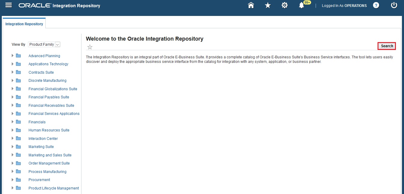 Integration Repository welcome page with Search button highlighted.