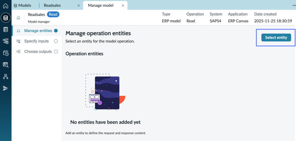 Add operation entities on the manage models tab.