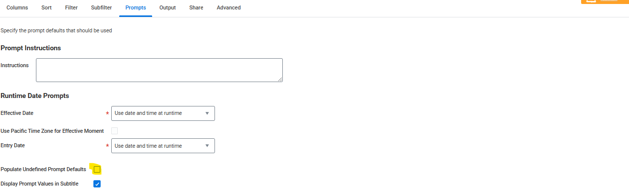 Populate Undefined Prompt Defaults option in the Prompts section