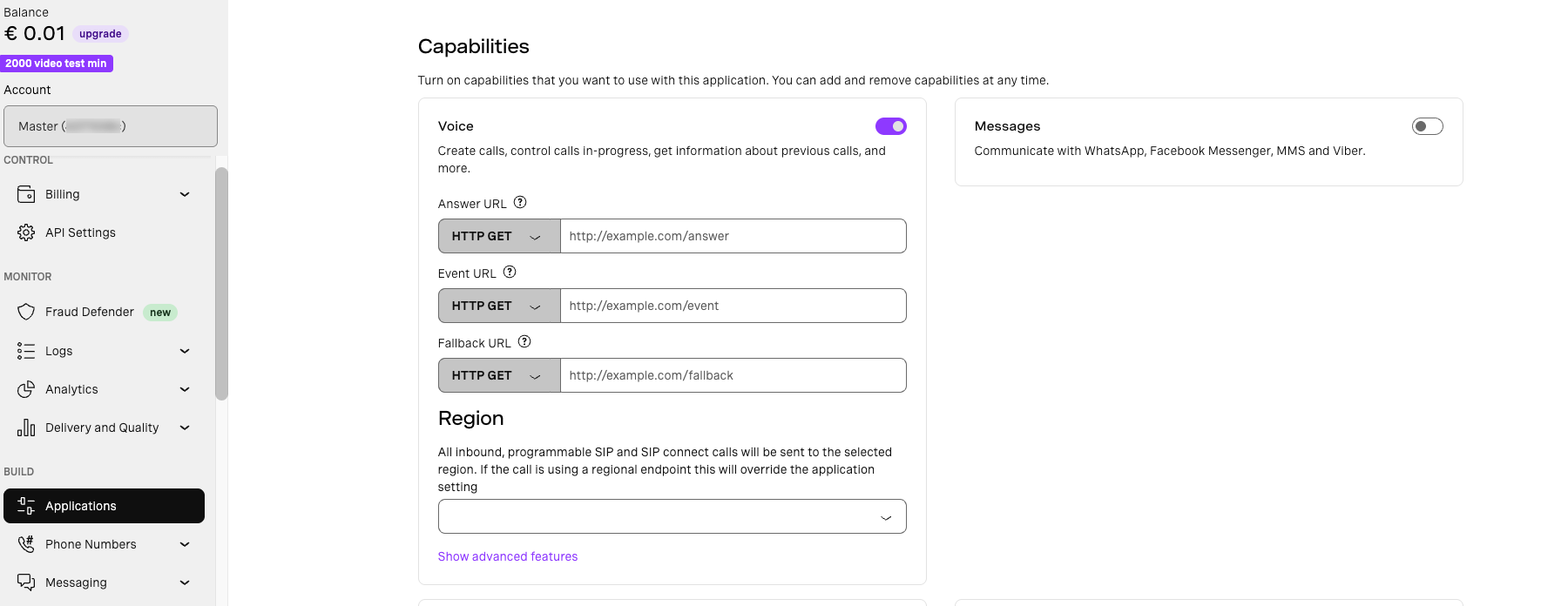 Configuring voice capabilities in Vonage