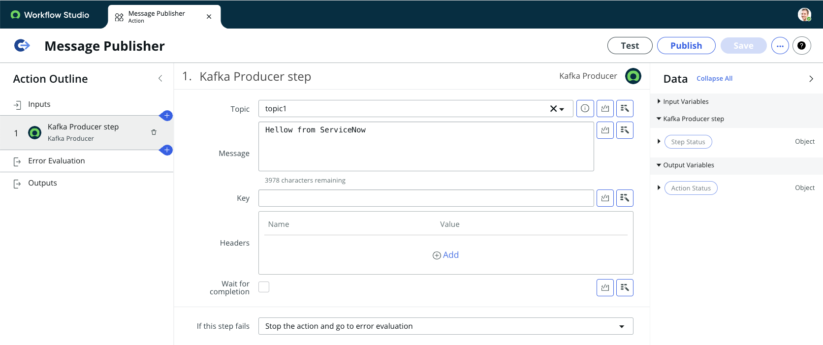 Fill in the fields for the Kafka Producer step.