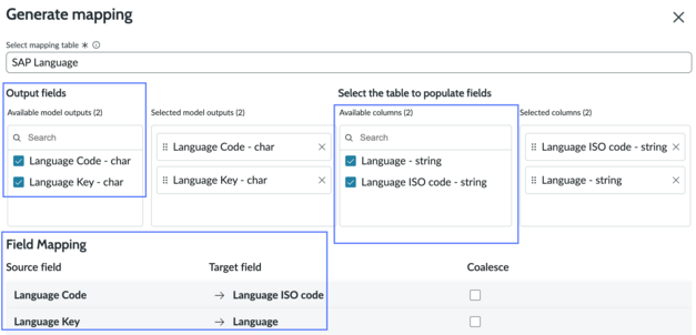 Generate mapping overlay with output fields and field mapping sections highlighted.