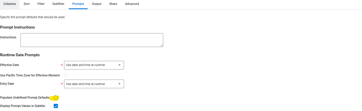 Prompts section with “populate undefined prompt defaults” checkbox and runtime date prompts for effective date and time zone.