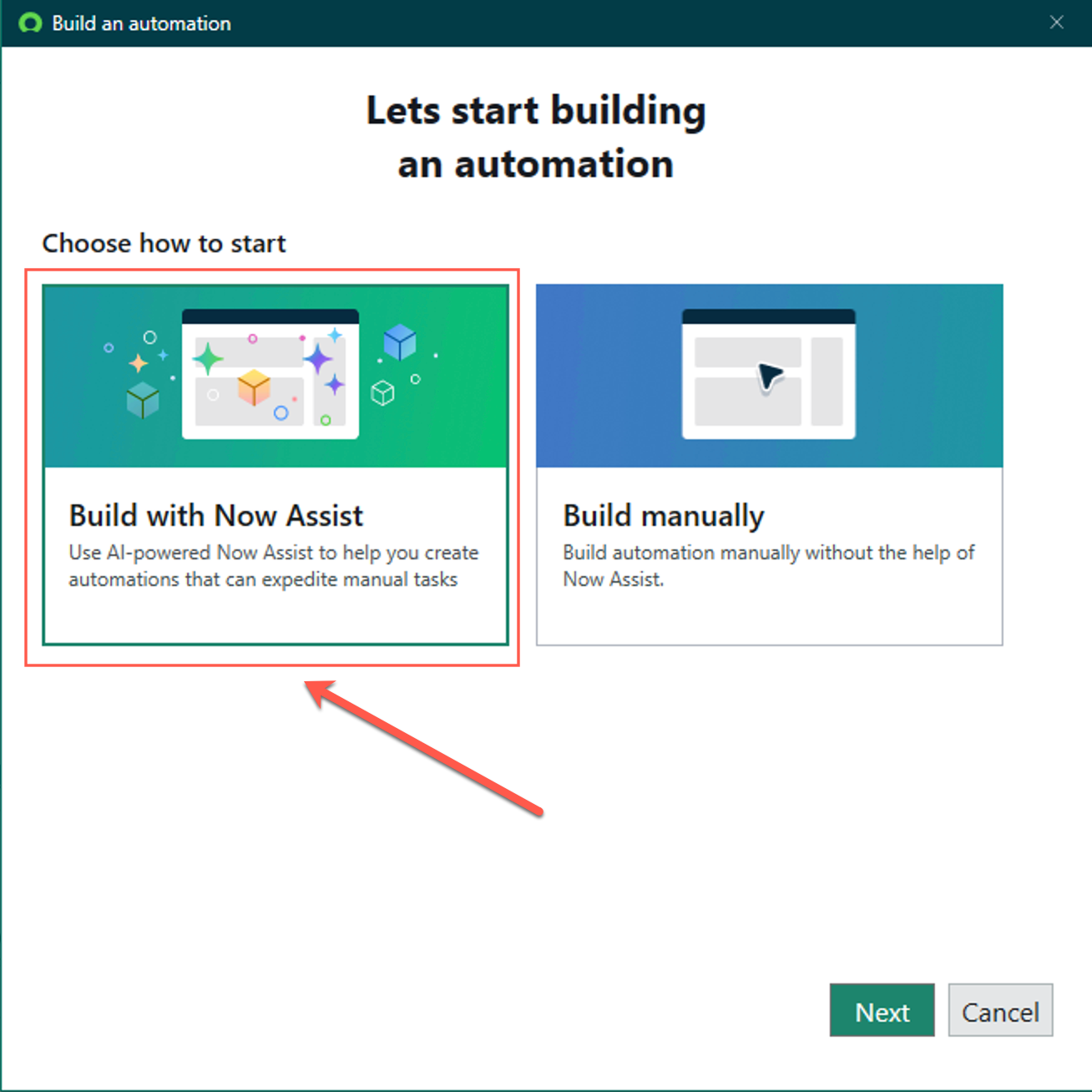 Build an automation window that displays Build with Now Assist and Build manually options to start creating automations. The Build with Now Assist option is selected.