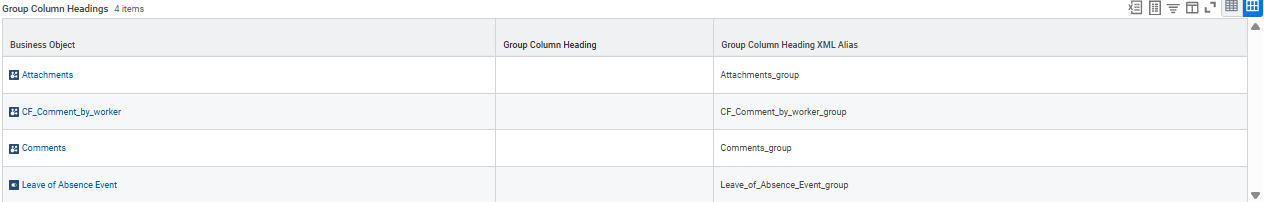 Group Column Headings section with business objects and blank group column headings for the report.