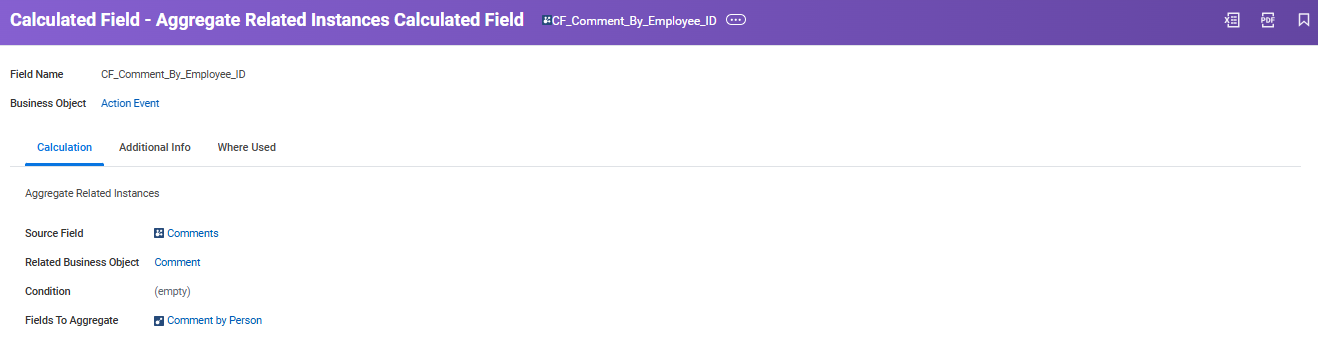 Configuring calculated field “CF_Comment_By_Employee_ID” for Action Event, showing selection of Comment as source and Comment by Person as aggregate field.