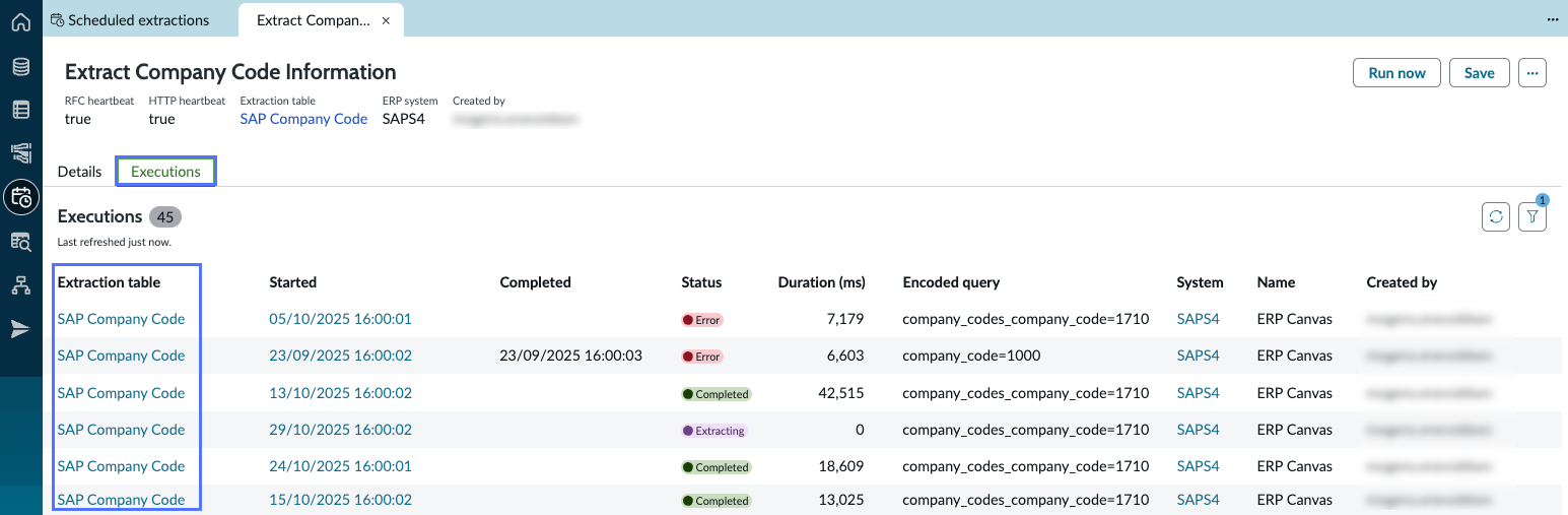 ERP scheduled extraction executions list.