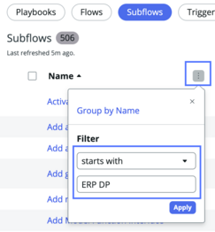 Workflow Studio filter opened on name column.