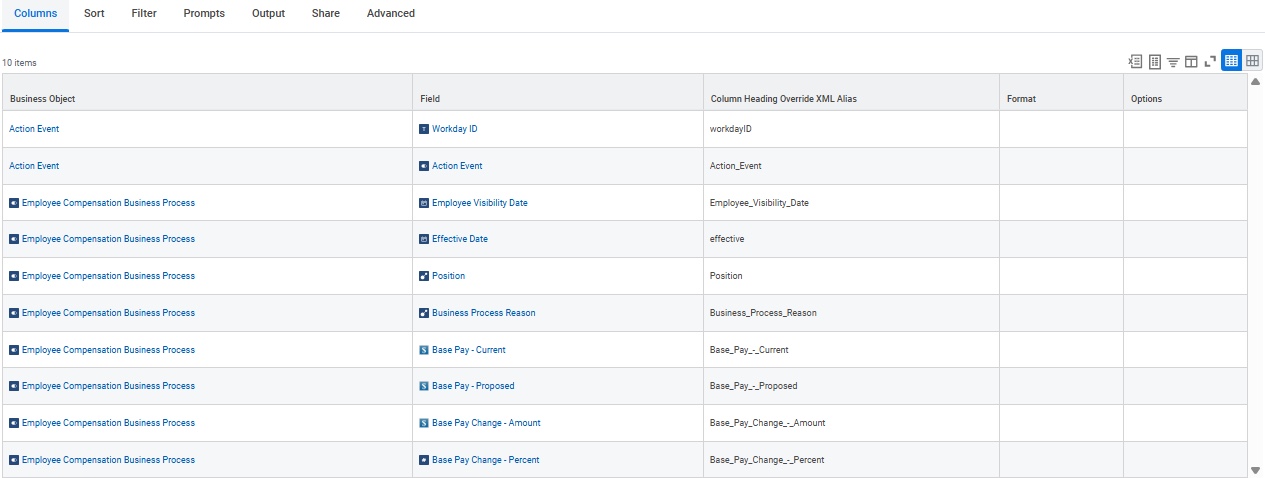 Report business object and report fields.