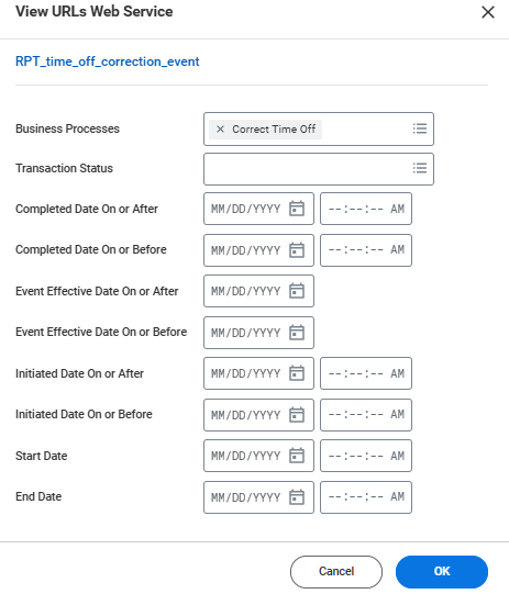 Report prompt dialog showing Business process set to Correct Time Off, Transaction Status set to In Progress, and date range parameters.