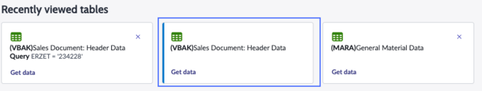 Preview table data page with a tile highlighted in the recently viewed tables section.