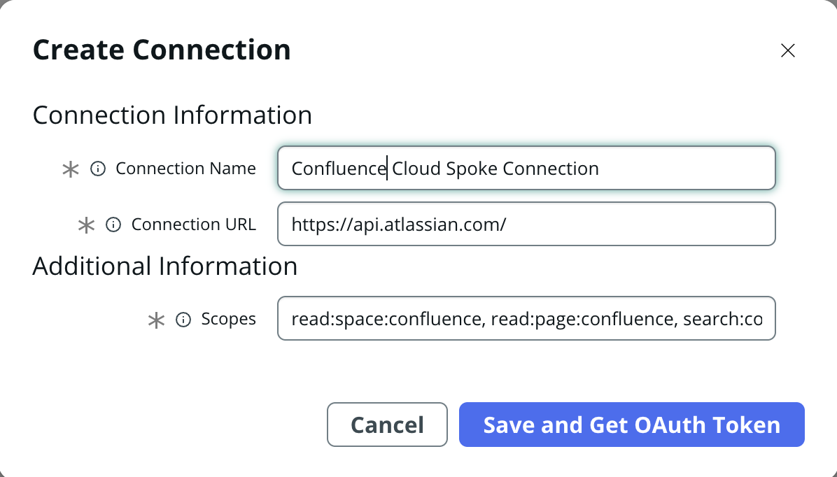 Create a connection for Confluence Cloud spoke using connection template
