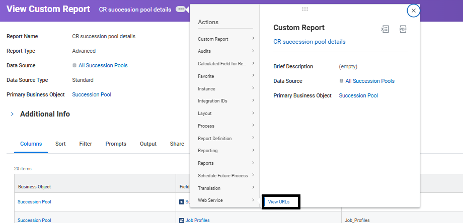 Web Service menu with View URLs