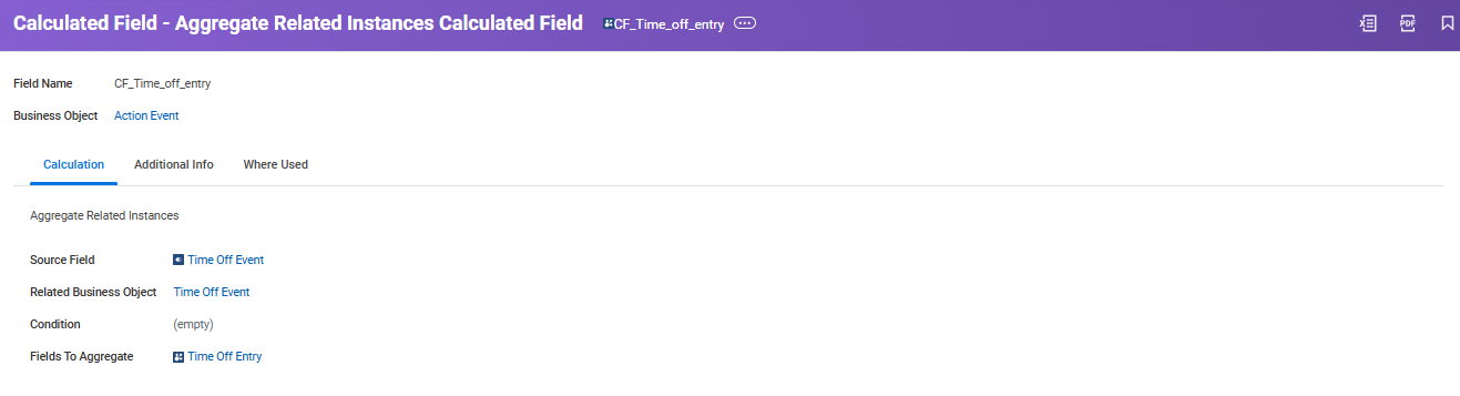 Aggregate Related Instances calculated field CF_Time_off_entry configuration, showing source field, related business object, and fields to aggregate.