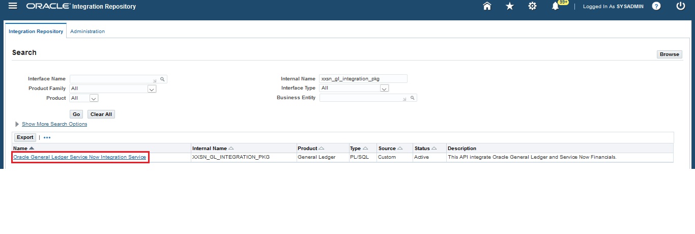 Search results showing Oracle General Ledger Service Now Integration Service link.