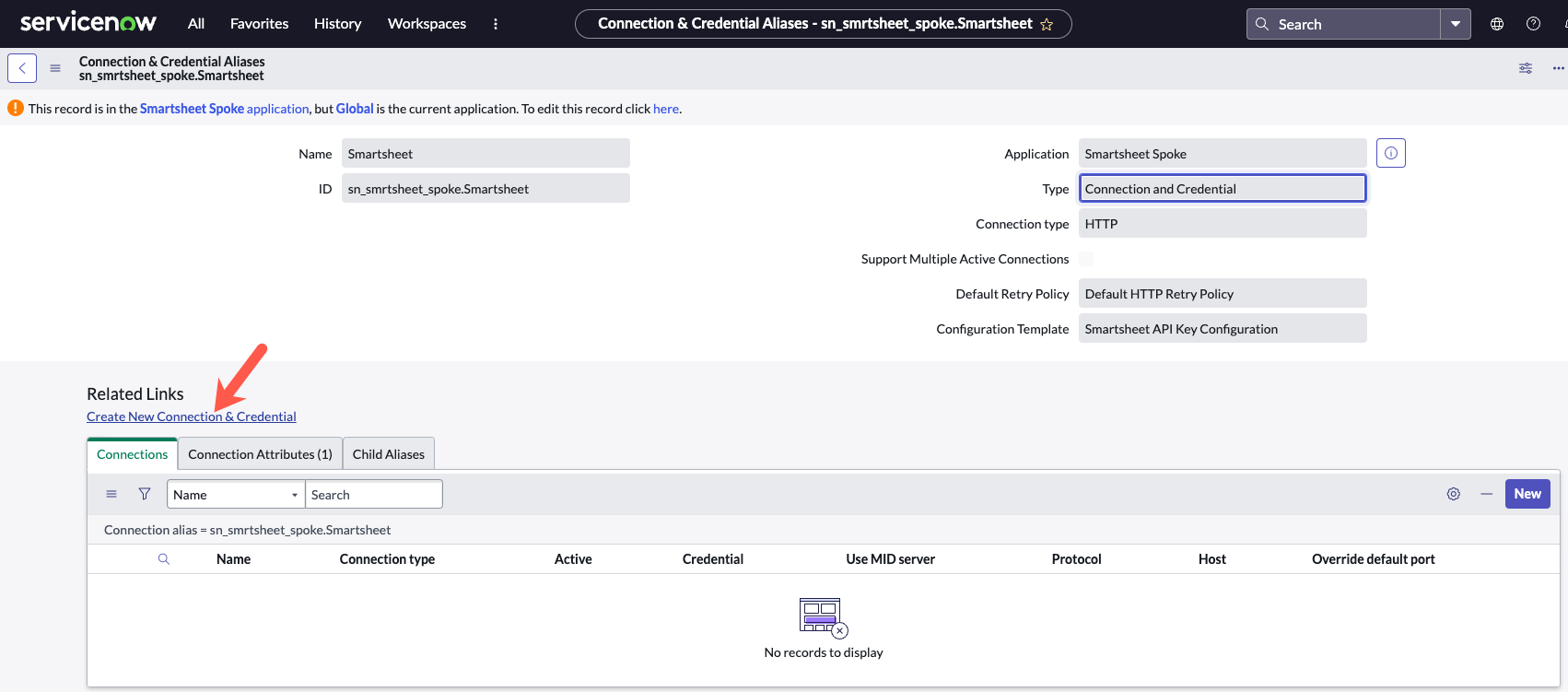 Smartsheet connection and credential record creation link.