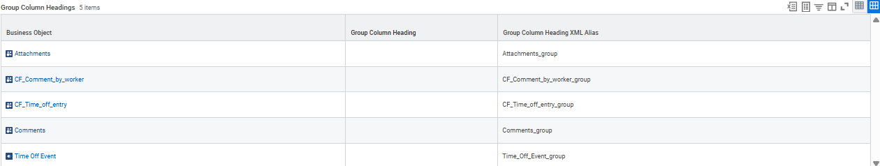 Group Column Headings section listing business objects with blank group column headings and XML aliases.
