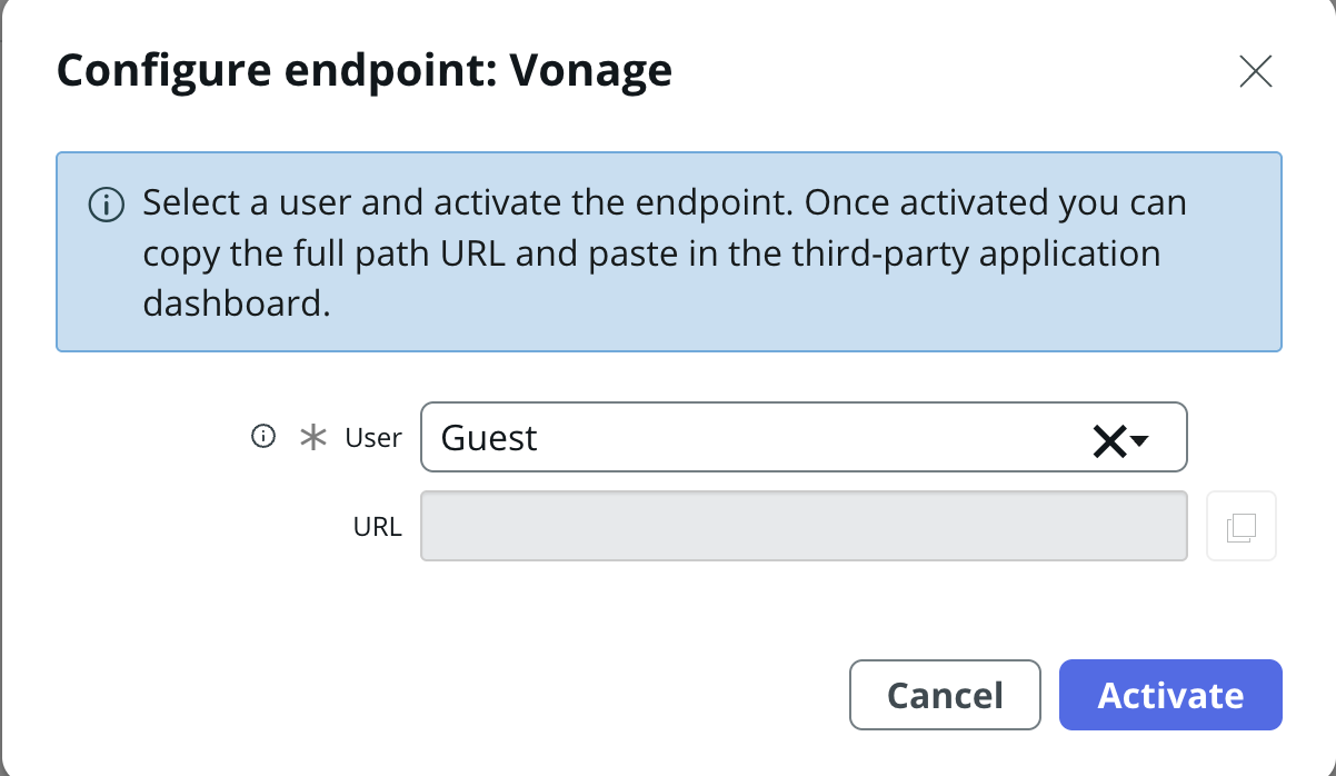 During the Vonage webhook configuration, select user profile, activate the endpoint, then copy the generated URL and paste it in your Vonage account.