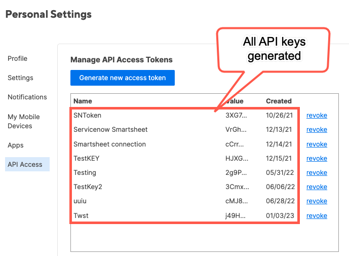 All available Smartsheet API keys.