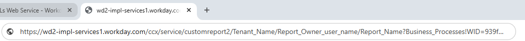 Browser tab with generated RaaS URL for termination event report, showing Workday tenant base URL and report parameters.