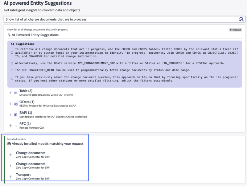Entity suggestions with separate highlighted list of installed models.