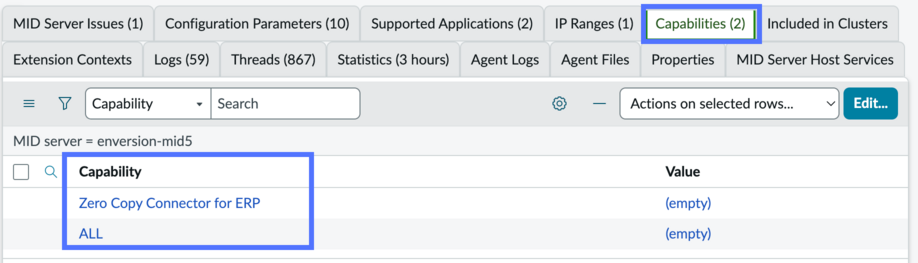 MID server record related lists with capabilities tab displayed showing Zero Copy Connector for ERP.