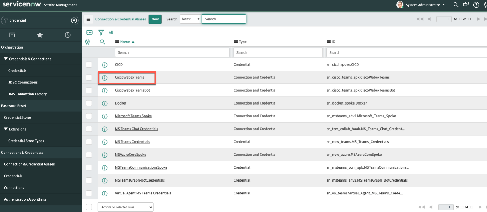 Cisco Teams Webex connection and credential alias