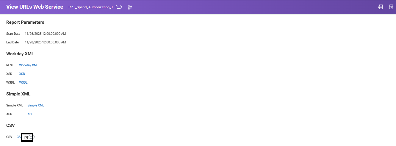 CSV section in View URLs Web Service page, highlighting CSV link for exporting report data.