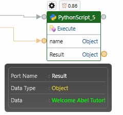 "Welcome Abel Tutor" is displayed in the Data Out port of the Execute method.