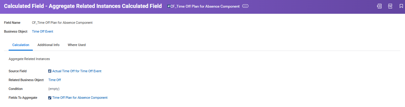Calculated field configuration for CF_Time Off Plan for Absence Component with Time Off business object and aggregation settings.