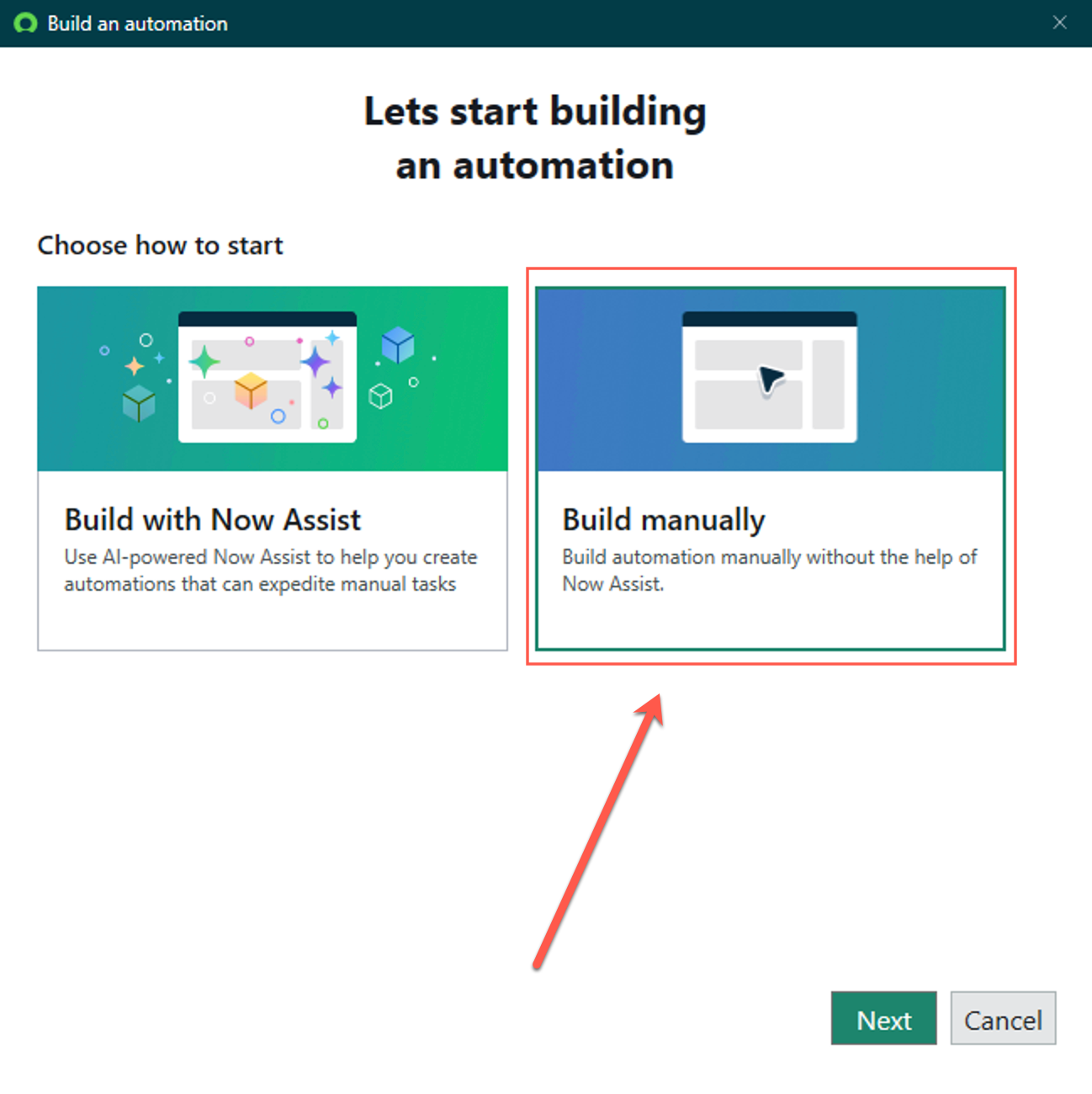 Select Build manually tile