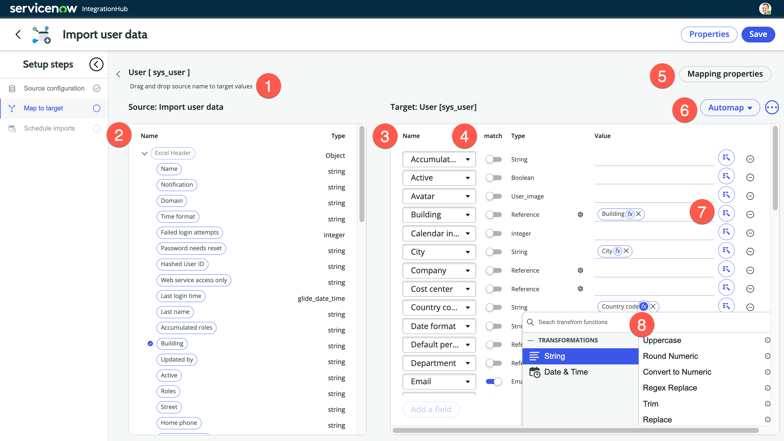 User interface for the IntegrationHub import data mapping section.