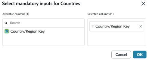 Mandatory inputs for countries organized into available columns and selected columns.