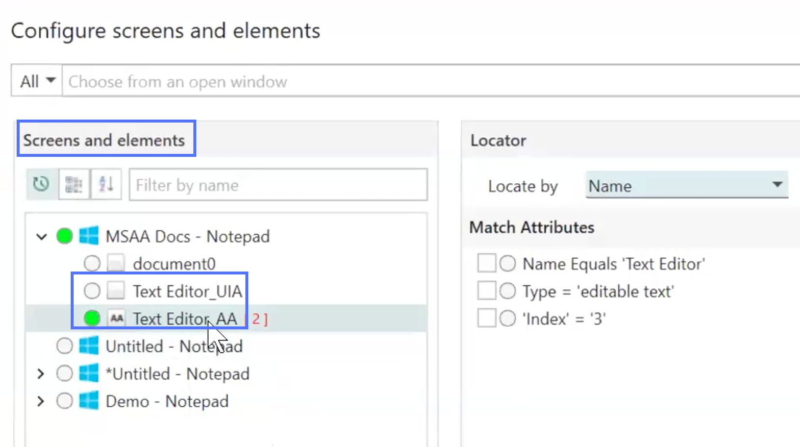 Elements in the Screens and elements pane with Text Editor types in 2 modes.