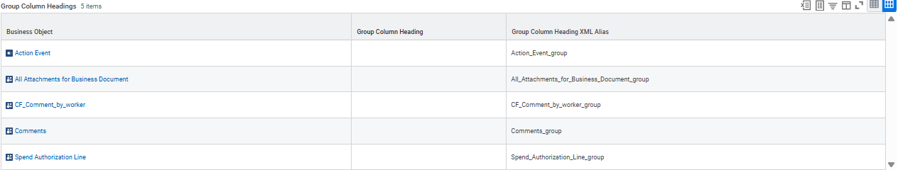 Group Column Headings section with business objects and blank group column headings for the report.