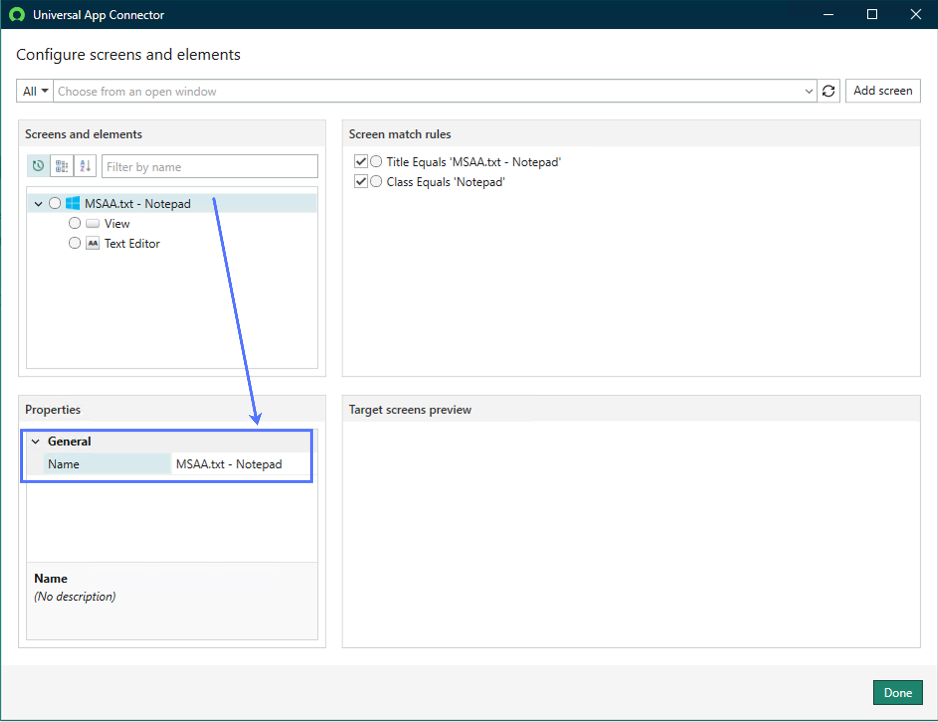 Update the application screen name in the Properties section.