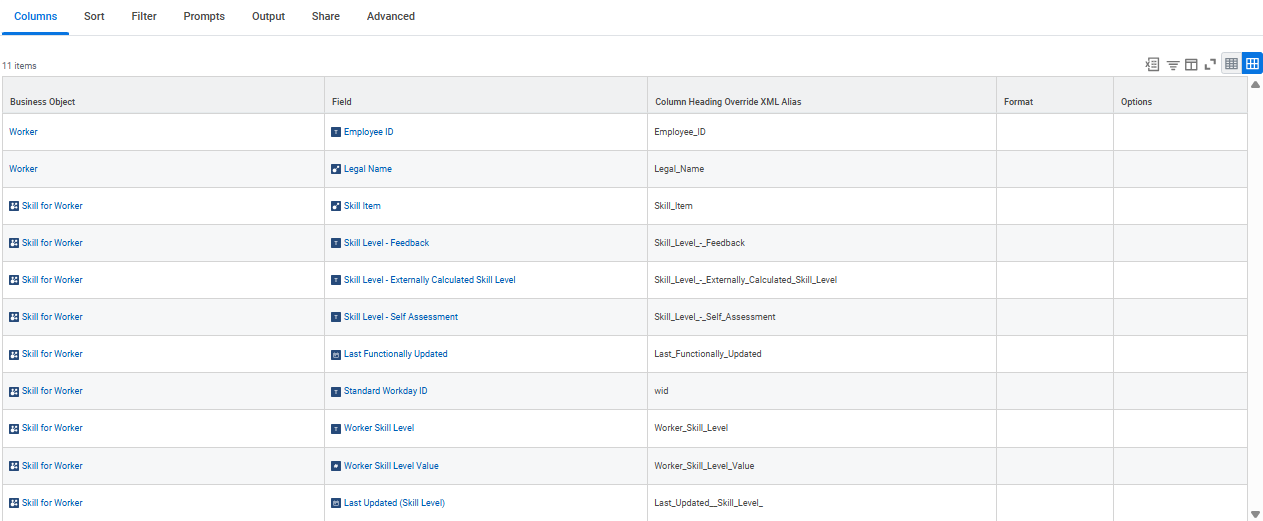 Columns tab with Worker and Skill for Worker fields