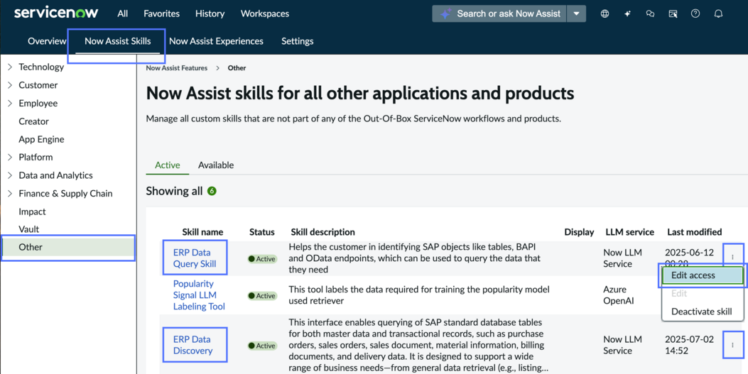 Now Assist skills list with other skills displayed and two now assist for zero copy connector skills highlighted.