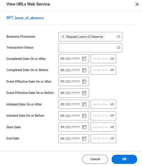 View URLs Web Service page showing fields for business process, transaction status, and date parameters for generating report URL.