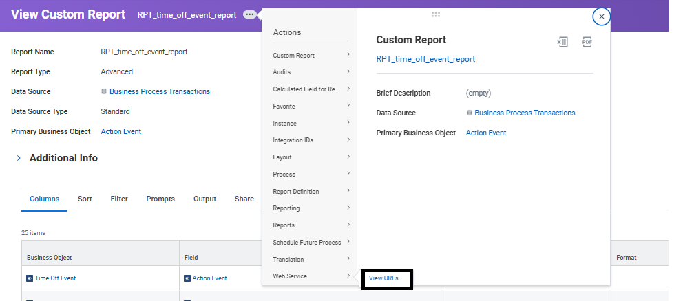 View Custom Report page with Web Service menu expanded showing View URLs option and report configuration details.