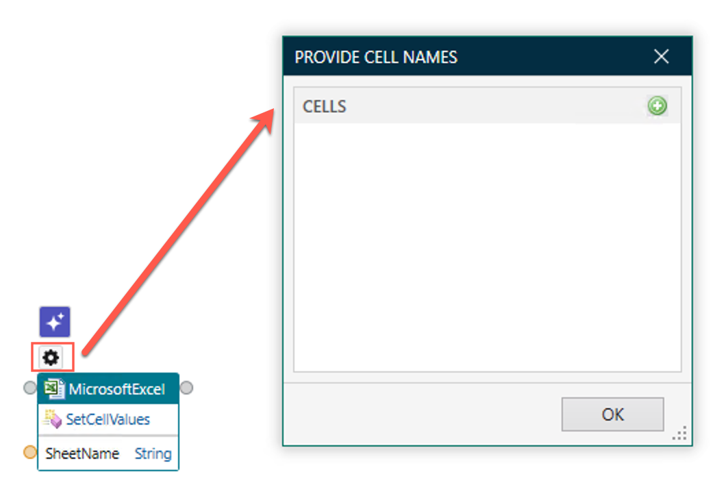 Configuration window for the SetCellValues method is displayed.