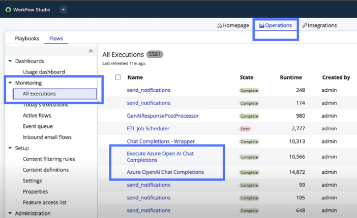 Workflow studio operations tab, with two executions highlighted.