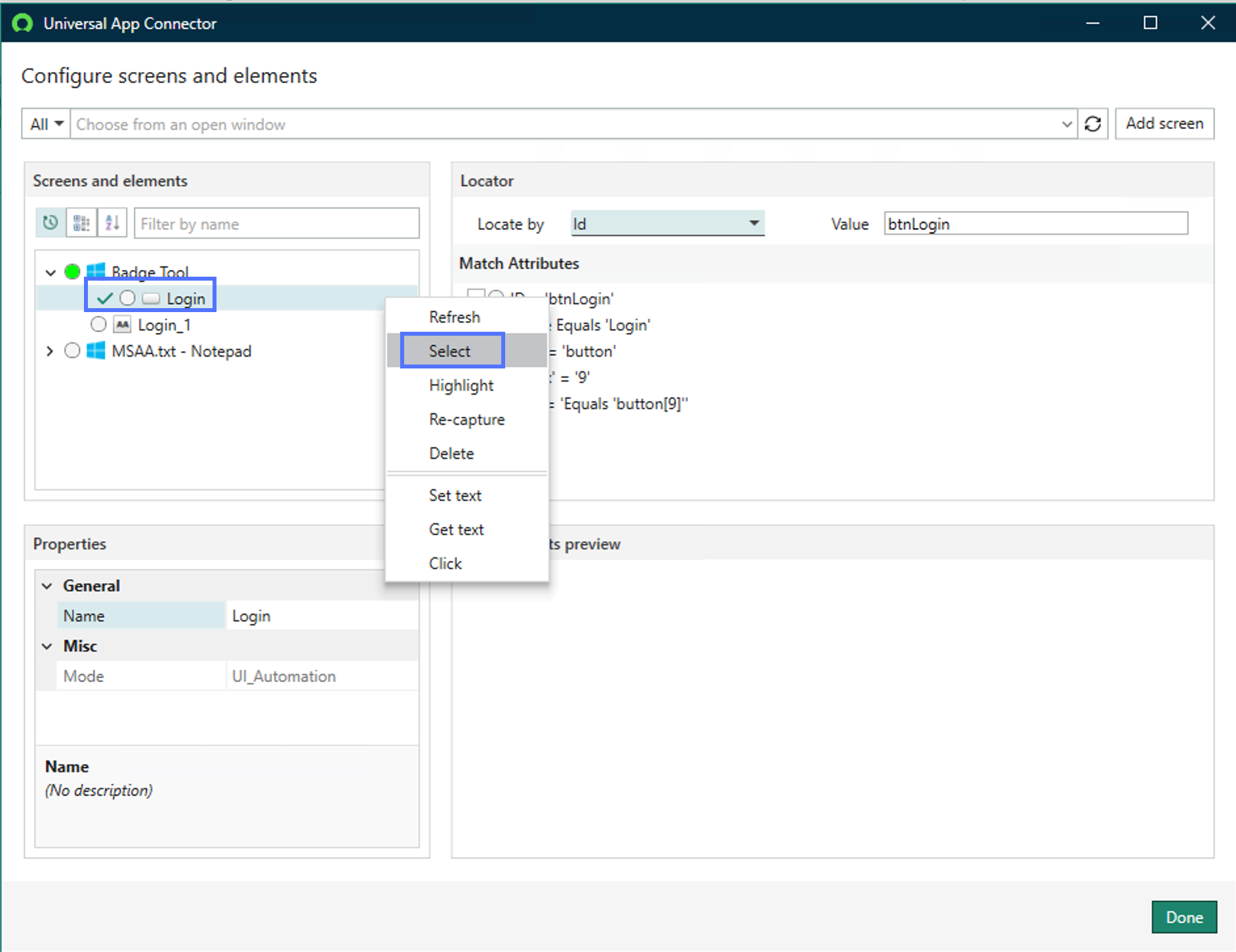 Configure screens and elements window displaying the Select option on an element level.