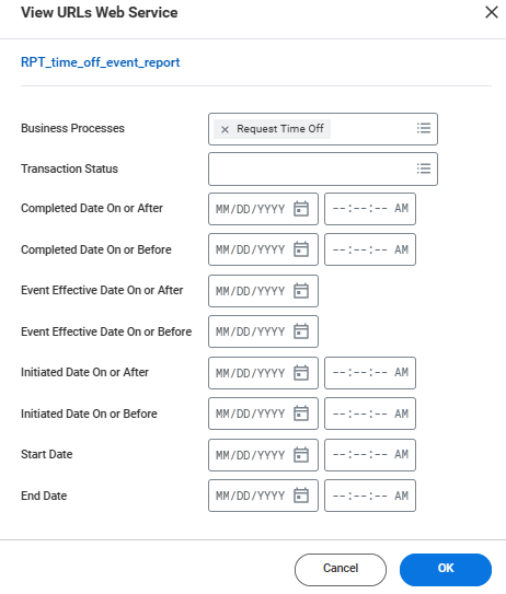 View URLs Web Service dialog displaying filter parameters including Business Processes, date fields, and transaction status with date picker inputs.