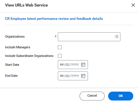 Organization, managers, subordinate organizations, and date range of in the View URLs Web Service page