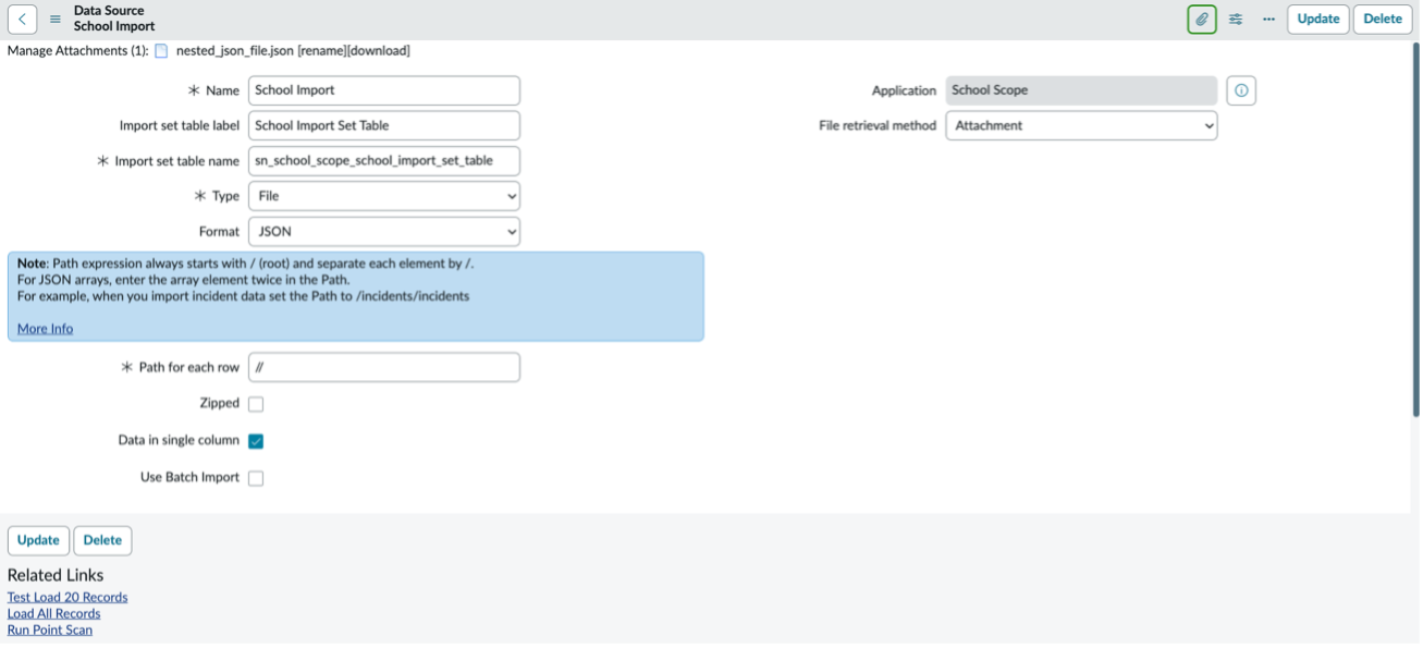 JSON Data Source form for the School Import.