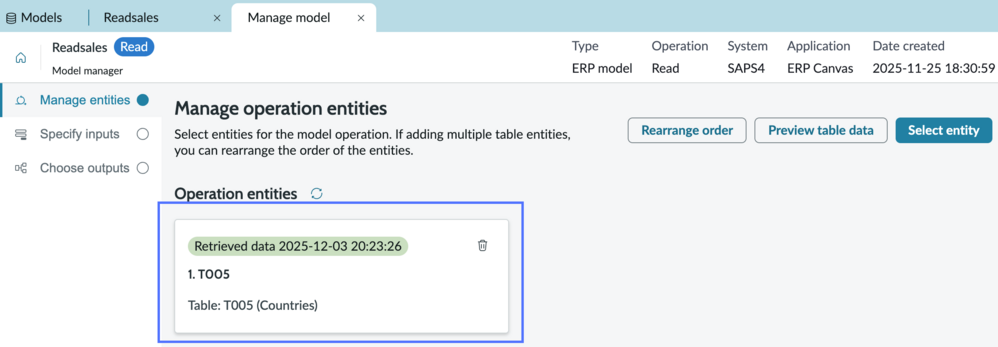Manage model tab with entity card showing retrieval date and time.