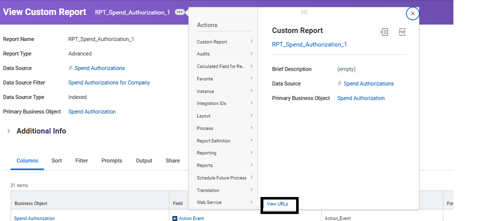 Advanced section with “enable as webservice” checkbox selected and View URLs option highlighted for report web service URLs.